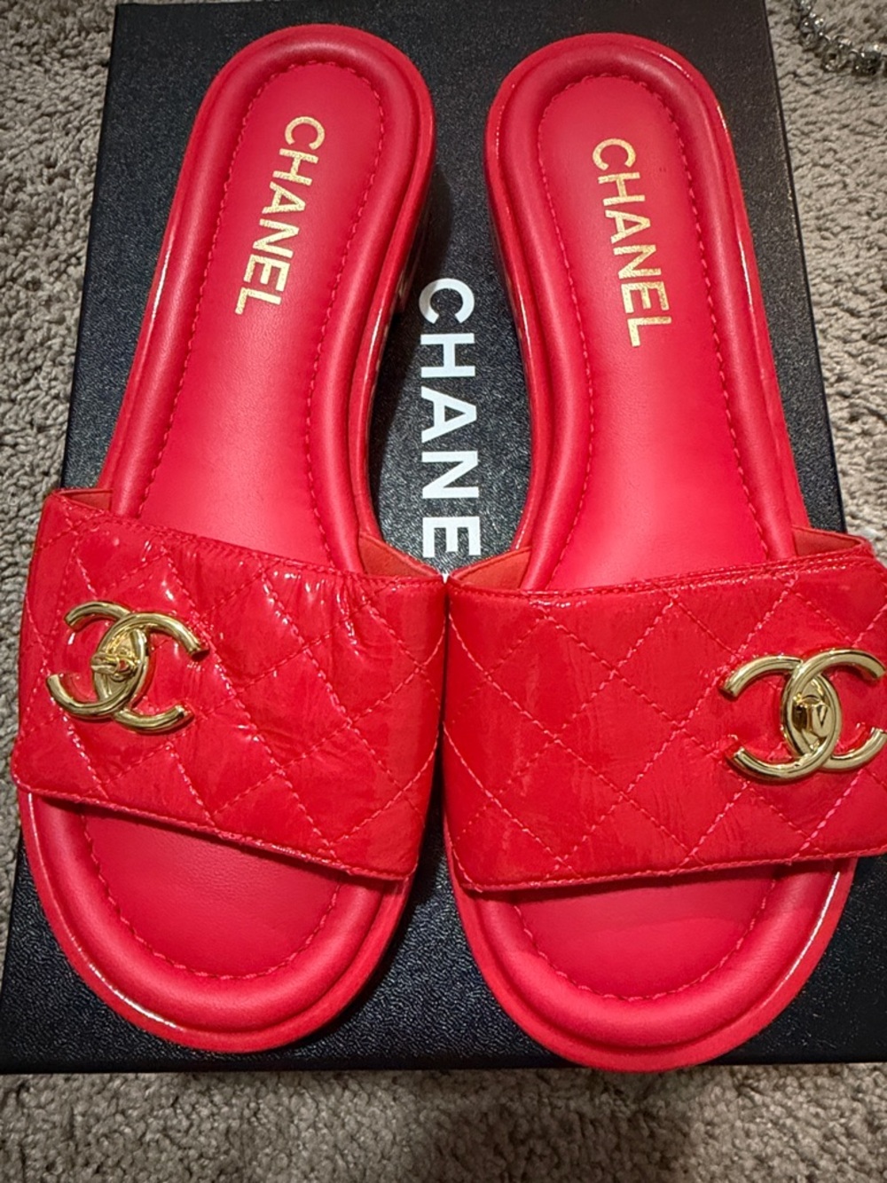 CHANEL Dark Pink Quilted Leather Slide Sandals with Gold CC Emblem